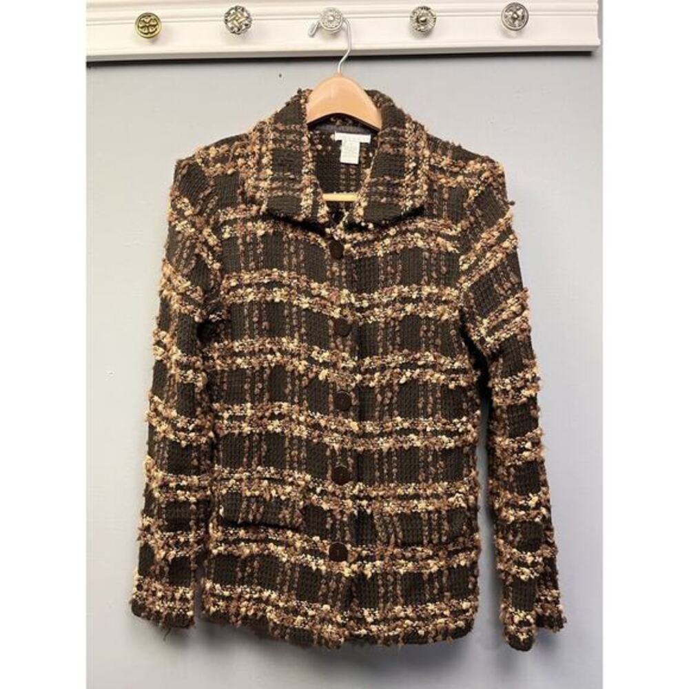 Tweeds Cardigan Women Brown Tan Wool Blend button front sweater Vintage Casual